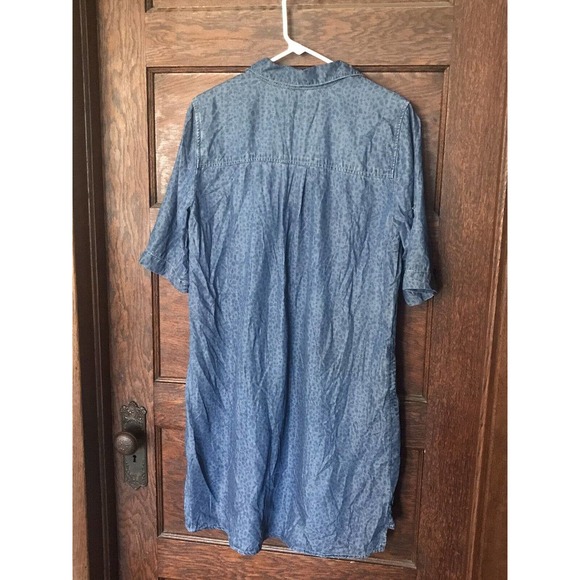Chelsea & Theodore Shirt Dress Blue Chambray Leopard Animal Print Roll Tab Sz L - Picture 6 of 10